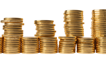 A set of different jackpot gold coin stacks isolated on transparent background, shiny golden coins in various pile arrangements for digital use