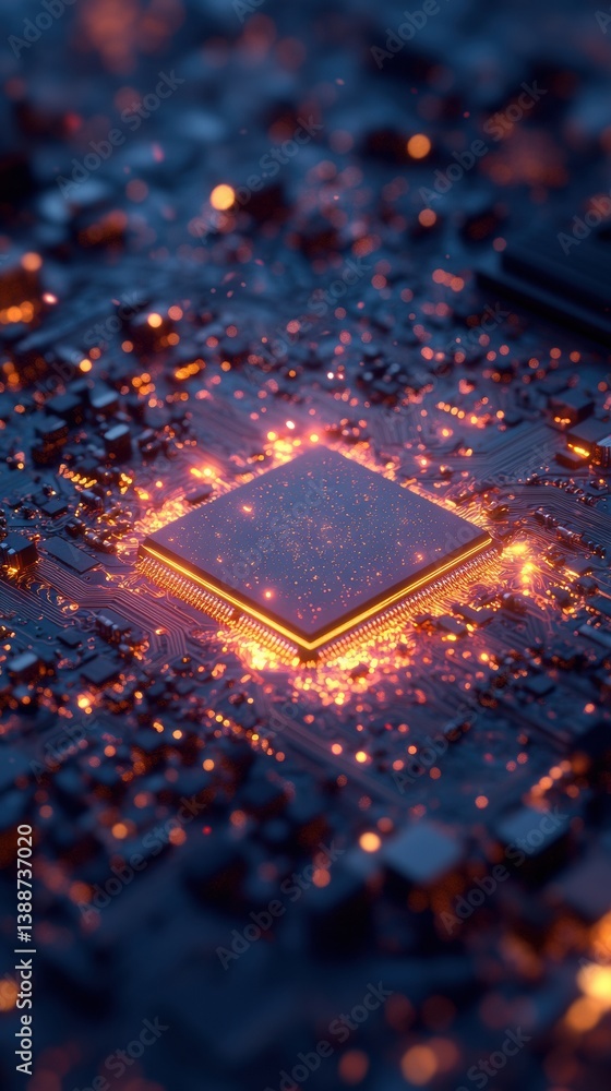 Poster Quantum Fusion Microchip Radiant Neural Network Processor Illuminating Next-Gen AI Technology with Cybernetic Energy Visualization