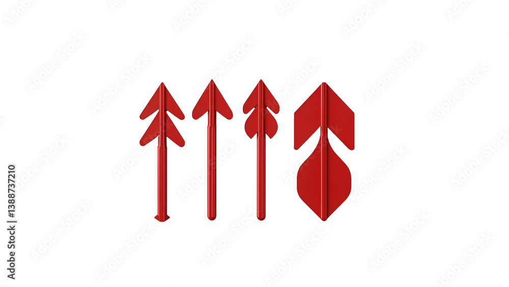 Poster a set of different red arrows with unique designs, isolated on transparent background, bold directio