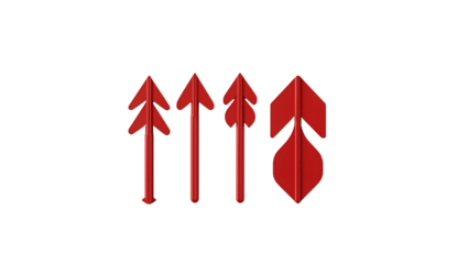 A set of different red arrows with unique designs, isolated on transparent background, bold direction icons for navigation and web use
