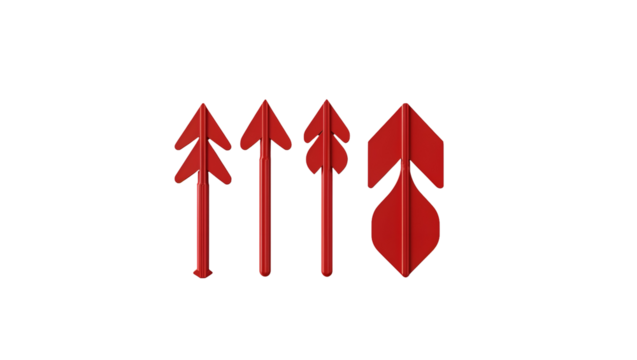 A set of different red arrows with unique designs, isolated on transparent background, bold direction icons for navigation and web use