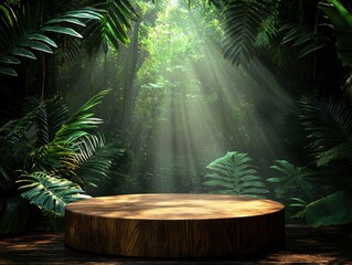 Wooden table set in the heart of a jungle surrounded by lush vegetation and vibrant tropical flora