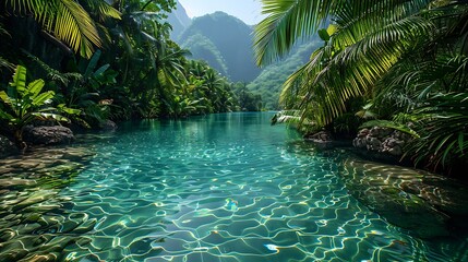 Serene Tropical Lagoon Crystal Clear Water Surrounded by Lush Green Palms and Mountains