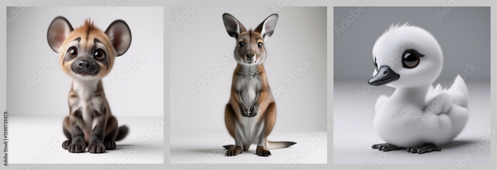 Poster Three adorable baby animals are captured in a studio setting. A friendly hyena, a kangaroo, and a fluffy duckling are displayed on a clean background.