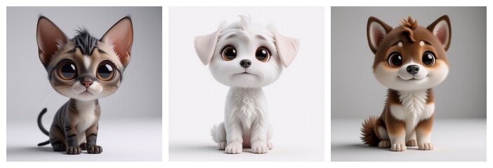 Obraz premium Adorable cartoon animals, a cat and two dogs, are captured in a studio. Each charming creature displays a sweet expression. Their big eyes and tiny bodies create an endearing scene.