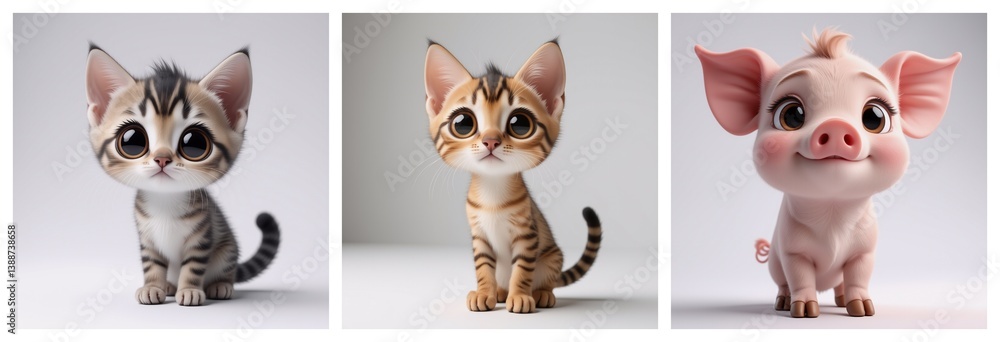 Poster the image showcases three cartoon animals with oversized eyes and endearing appearances. there are t