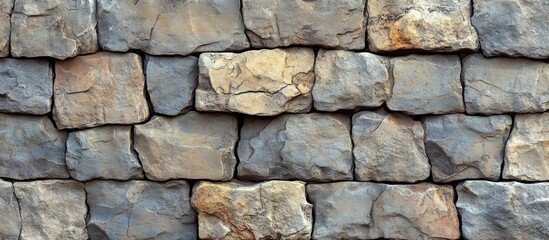 Fototapeta premium Rustic stone wall texture with various shades of gray and brown, showing irregular shapes and sizes of stones