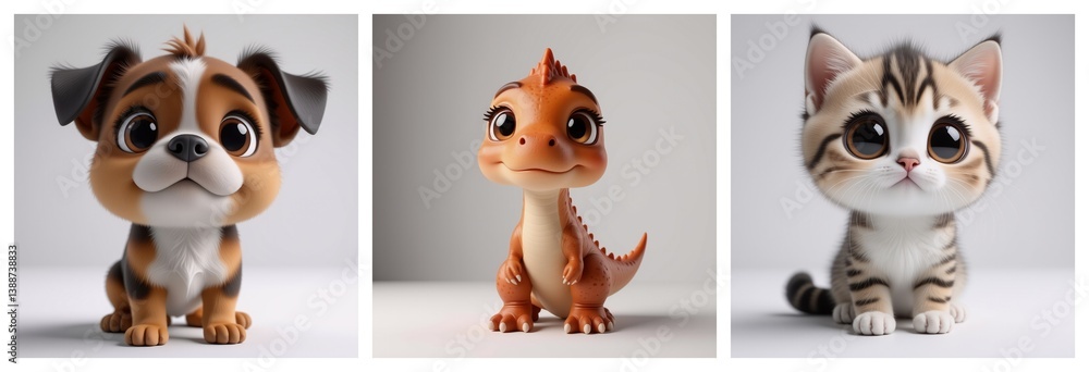 Poster here's a description and keyword list: adorable trio of stylized creatures: a puppy, a dinosaur and 