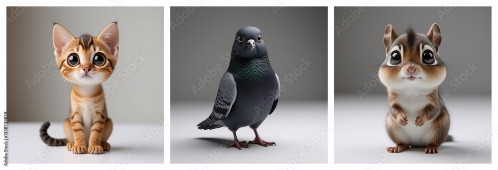 Aufkleber Here's a description and keywords for the image:

An array of three cute cartoon animals: a kitten, a pigeon, and a chipmunk, all posed against a neutral background, the kitten with its ears erect, th