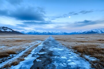 Frozen pathway through a vast, wintry landscape under a pale moon