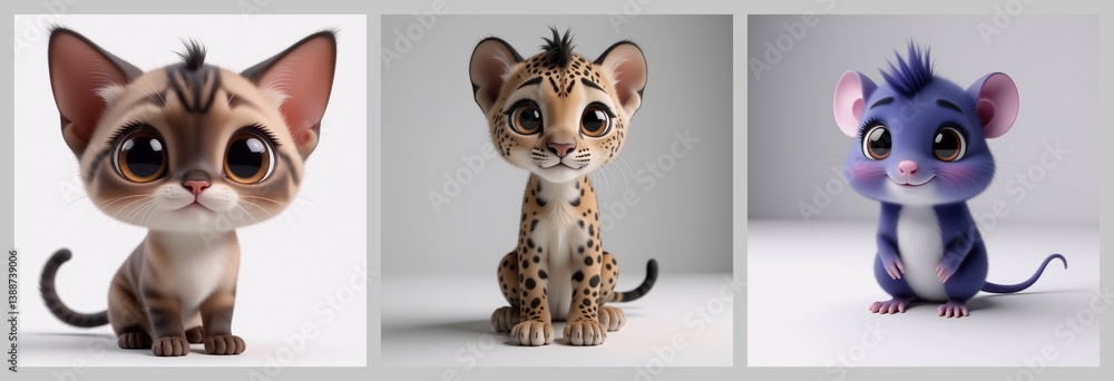 Poster three adorable creatures stand side by side. a kitten, a leopard cub, and a mouse, each with large e