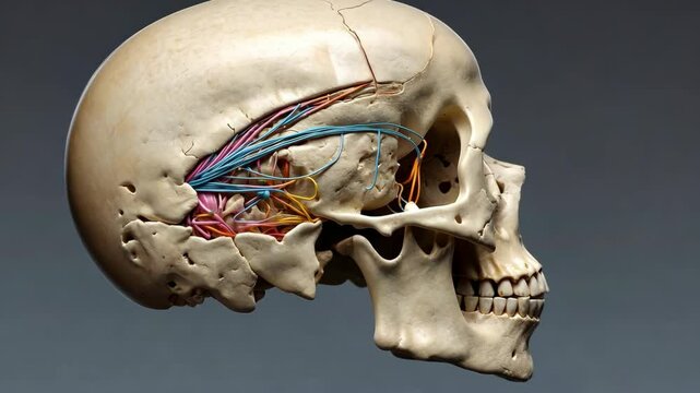 Human Skull Anatomy Detailed View Displaying Cranial Nerves and Structure with Neural Pathways