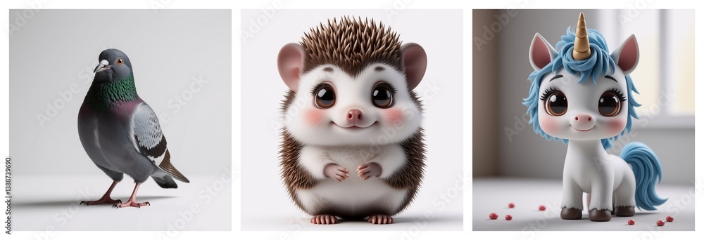 Poster a collection of adorable creatures is on display. a pigeon stands proudly, next to a smiling hedgeho