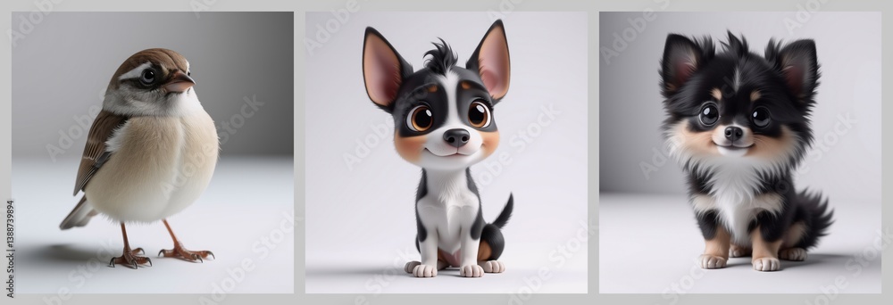 Poster the image showcases a small bird next to two dogs. each animal is charming and poses against a clean