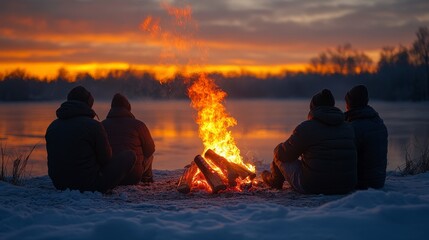 Winter Bonfire People gathered around a roaring fire at sunset on a snowy landscape