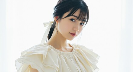 白い背景で撮影された、白い服を着た若い日本人女性のポートレート