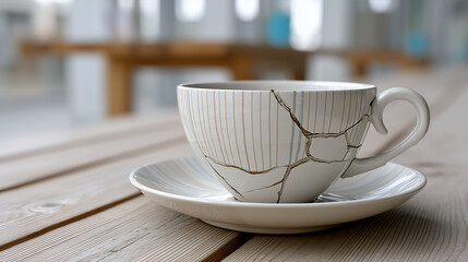 Fototapeta premium Broken White Mug with Stripes on Wooden Table