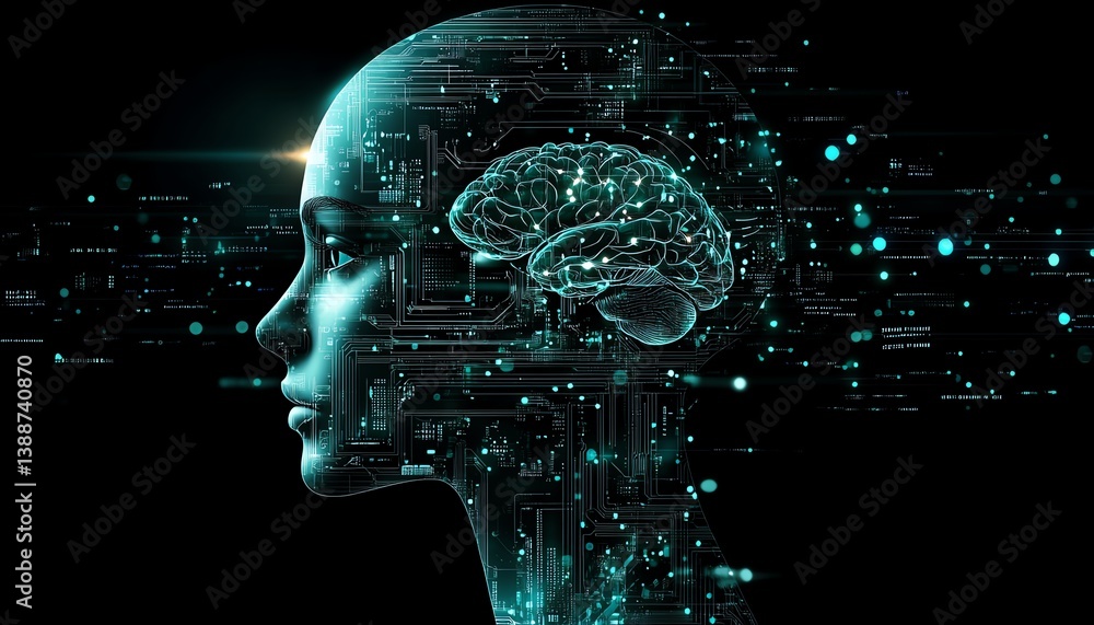 Leinwandbilder Artificial intelligence within a humanoid head, digital brain circuits, futuristic robotic features, cyborg vision, technology innovation, scifi style