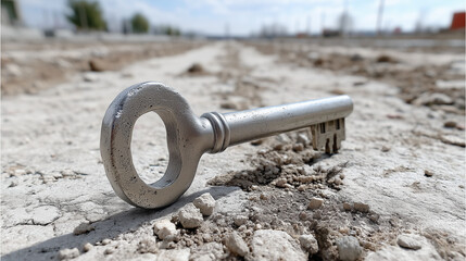 Metal Key on Dry Cracked Ground Surface