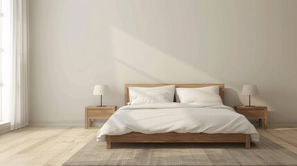 Bedroom Interior: Simplified bedroom with a bed, bedside table, and reading lamp against a plain backdrop, focusing on minimalist bedroom design.