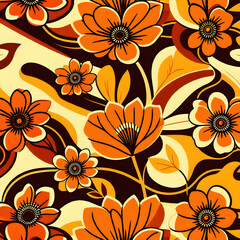 Retro Seamless Floral Pattern &ndash; 70s Style Abstract Wallpaper Design in Orange and Brown