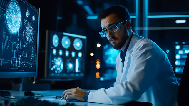 A quantum machine learning researcher developing hybrid algorithms for quantum computing, research office with quantum computers, machine learning models