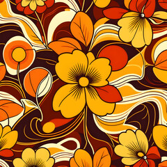 Retro Seamless Floral Pattern &ndash; 70s Style Abstract Wallpaper Design in Orange and Brown