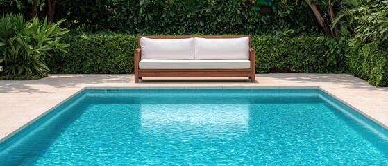 Sparkling blue swimming pool concept. Serene poolside scene with a sofa surrounded by lush greenery.