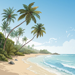 Create a vibrant illustration of a tropical beach landscape, featuring turquoise water, white sand, lush palm trees, and a clear blue sky.  Include detailed textures and vibrant colors.