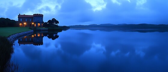 Lakeside Mansion at Dusk