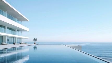 Obraz premium A minimalist image of a modern oceanfront resort or hotel exterior, with no people, emphasizing seaside vacation and hospitality.