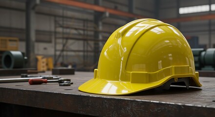 Industrial helmet on table with tools nearby