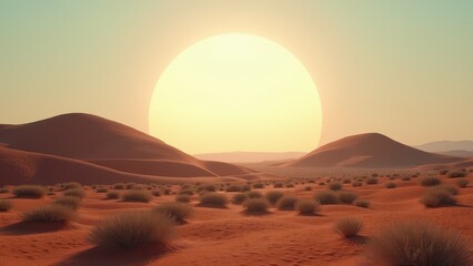 Fototapeta premium Rolling desert hills with scattered shrubs at sunset under clear sky 