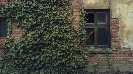 Vintage Brick Building Partially Covered with Natural Vine Growth and Aged Window