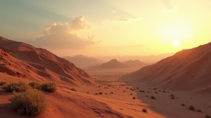 Naklejka premium Rolling desert hills with scattered shrubs at sunset under clear sky 