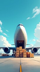 Fototapeta premium Cargo Plane Loading Pallets of Goods, Symbolizing Air Freight Logistics and Global Supply Chains 