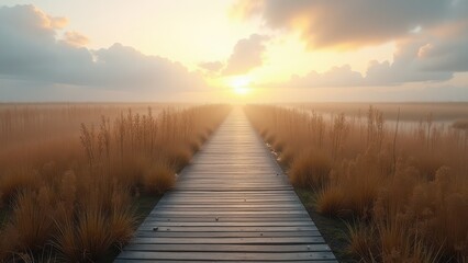 Naklejka premium Wooden boardwalk through grassy dunes at sunrise with soft light and distant fog 