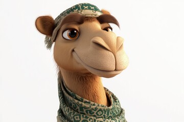 Naklejka premium Cartoon Camel Portrait with Scarf and Hat Isolated on White Background