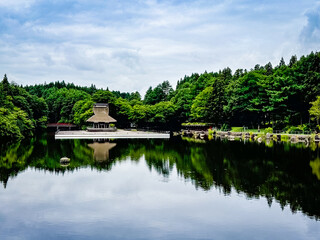 Hoshino Aomoriya lake and temple in Furumagiyama, Misawa, Aomori, Japan