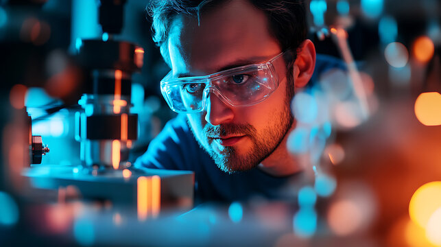 A quantum physicist researching quantum entanglement for secure communications, laboratory with quantum entanglement models, laser systems