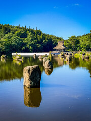Hoshino Aomoriya lake and temple in Furumagiyama, Misawa, Aomori, Japan
