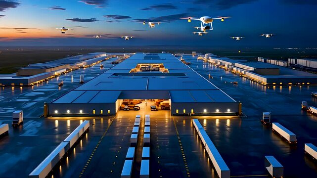 Futuristic drone shipping hub with warehouse and delivery trucks at sunset