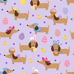 Happy Easter seamless pattern wallpaper with cute dachshund puppy in spring and bunny ears costumes. Animal, dog and eggs holidays cartoon characters. -Vector
