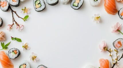 International Sushi Day Backgrounds Top View Colorful Sushi Arrangement with Cherry Blossom Flowers on a Table