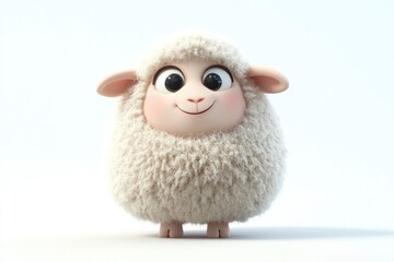 Cute Cartoon Sheep Illustration with Big Eyes Standing on White Background