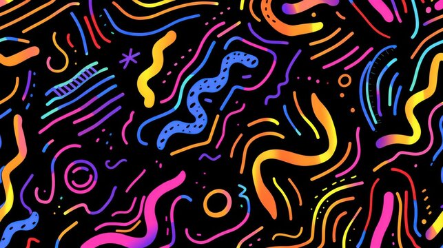 A funky, retro pattern with abstract shapes and squiggles in neon colors, reminiscent of 1980s and 1990s styles.