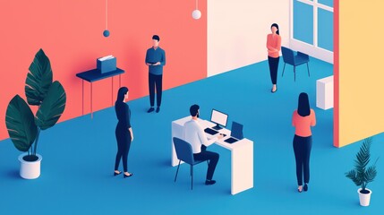 Obraz premium Innovative remote work strategies at tech company office space digital illustration modern environment overhead view