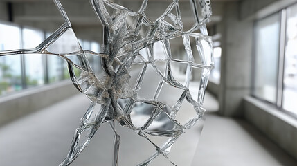 Shattered Glass Window in Empty Room Interior