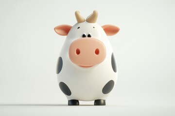 Standing Cartoon Cow Character with White and Black Spots in Studio Setting