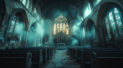 Old church interior with fog, rows of wooden pews and large stained glass window